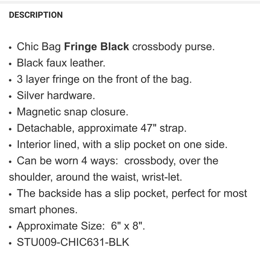 The Chic bag, black fringe Crossbody bag purse with‎ silver hardware - Picture 3 of 6